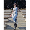 image:imageGRECERELLE 2025 Women Summer Color Blocking Round Neck Sleeveless Casual WrinkleFree Side Split Maxi Dress with PocketsWhite Black
