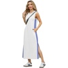 image:imageGRECERELLE 2025 Women Summer Color Blocking Round Neck Sleeveless Casual WrinkleFree Side Split Maxi Dress with PocketsWhite Sky Blue