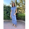 image:imageGRECERELLE 2025 Women Summer Mock Neck Short Sleeve Casual Loose Split WrinkleFree Long Maxi Dress with PocketsDenim Blue