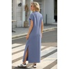 image:imageGRECERELLE 2025 Women Summer Mock Neck Short Sleeve Casual Loose Split WrinkleFree Long Maxi Dress with PocketsDenim Blue