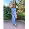 image:imageGRECERELLE 2025 Women Summer Mock Neck Short Sleeve Casual Loose Split WrinkleFree Long Maxi Dress with PocketsDenim Blue