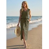 image:imageGRECERELLE 2026 Casual 2 Piece Sets For Women Summer V Neck WrinkleFree Sleeveless Top Side Slit Maxi Skirt With PocketsArmy Green