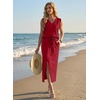 image:imageGRECERELLE 2026 Casual 2 Piece Sets For Women Summer V Neck WrinkleFree Sleeveless Top Side Slit Maxi Skirt With PocketsWine Red