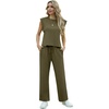 image:imageGRECERELLE 2026 Two Piece Sets for Women Summer Round Neck Cap Sleeve Top and Wide Leg Pants with PocketsArmy Green