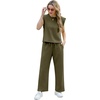 image:imageGRECERELLE 2026 Two Piece Sets for Women Summer Round Neck Cap Sleeve Top and Wide Leg Pants with PocketsArmy Green
