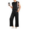 image:imageGRECERELLE 2026 Two Piece Sets for Women Summer Round Neck Cap Sleeve Top and Wide Leg Pants with PocketsBlack