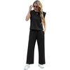 image:imageGRECERELLE 2026 Two Piece Sets for Women Summer Round Neck Cap Sleeve Top and Wide Leg Pants with PocketsBlack