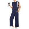 image:imageGRECERELLE 2026 Two Piece Sets for Women Summer Round Neck Cap Sleeve Top and Wide Leg Pants with PocketsNavy Blue