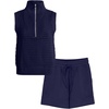 image:imageGRECERELLE 2026 Women 2 Piece Sets Crochet Hollow Knit HalfZip Sweater Tank Top amp Shorts Lounge Travel Matching OutfitsNavy Blue