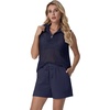 image:imageGRECERELLE 2026 Women 2 Piece Sets Crochet Hollow Knit HalfZip Sweater Tank Top amp Shorts Lounge Travel Matching OutfitsNavy Blue