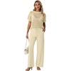 image:imageGRECERELLE 2026 Women 2 Piece Sets Crochet Sheer Knit Sweater Top amp Wide Leg Pants Lounge Travel Matching Outfits ClothesApricot