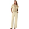 image:imageGRECERELLE 2026 Women 2 Piece Sets Crochet Sheer Knit Sweater Top amp Wide Leg Pants Lounge Travel Matching Outfits ClothesApricot