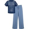 image:imageGRECERELLE 2026 Women 2 Piece Sets Crochet Sheer Knit Sweater Top amp Wide Leg Pants Lounge Travel Matching Outfits ClothesDenim Blue