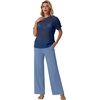image:imageGRECERELLE 2026 Women 2 Piece Sets Crochet Sheer Knit Sweater Top amp Wide Leg Pants Lounge Travel Matching Outfits ClothesDenim Blue