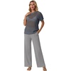 image:imageGRECERELLE 2026 Women 2 Piece Sets Crochet Sheer Knit Sweater Top amp Wide Leg Pants Lounge Travel Matching Outfits ClothesGray