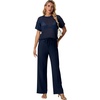 image:imageGRECERELLE 2026 Women 2 Piece Sets Crochet Sheer Knit Sweater Top amp Wide Leg Pants Lounge Travel Matching Outfits ClothesNavy Blue