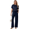 image:imageGRECERELLE 2026 Women 2 Piece Sets Crochet Sheer Knit Sweater Top amp Wide Leg Pants Lounge Travel Matching Outfits ClothesNavy Blue