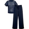 image:imageGRECERELLE 2026 Women 2 Piece Sets Crochet Sheer Knit Sweater Top amp Wide Leg Pants Lounge Travel Matching Outfits ClothesNavy Blue