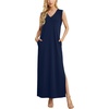 image:imageGRECERELLE 2026 Women Summer InsideOut VNeck Casual Loose Split WrinkleFree Long Maxi Beach Dress with PocketsNavy Blue