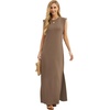 image:imageGRECERELLE 2026 Women YearRound Casual Round Neck Loose Split WrinkleFree Long Maxi Vacation Dress with Pockets XXS4XLLight Coffee