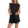 image:imageGRECERELLE 2026 Womens Summer 2 Piece Outfits Round Neck Cap Sleeve Top with Pocket Short SetsBlack