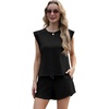 image:imageGRECERELLE 2026 Womens Summer 2 Piece Outfits Round Neck Cap Sleeve Top with Pocket Short SetsBlack