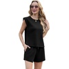 image:imageGRECERELLE 2026 Womens Summer 2 Piece Outfits Round Neck Cap Sleeve Top with Pocket Short SetsBlack