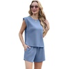 image:imageGRECERELLE 2026 Womens Summer 2 Piece Outfits Round Neck Cap Sleeve Top with Pocket Short SetsDenim Blue