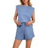 image:imageGRECERELLE 2026 Womens Summer 2 Piece Outfits Round Neck Cap Sleeve Top with Pocket Short SetsDenim Blue
