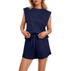 image:imageGRECERELLE 2026 Womens Summer 2 Piece Outfits Round Neck Cap Sleeve Top with Pocket Short SetsNavy Blue