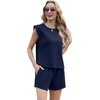 image:imageGRECERELLE 2026 Womens Summer 2 Piece Outfits Round Neck Cap Sleeve Top with Pocket Short SetsNavy Blue
