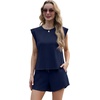 image:imageGRECERELLE 2026 Womens Summer 2 Piece Outfits Round Neck Cap Sleeve Top with Pocket Short SetsNavy Blue