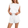 image:imageGRECERELLE 2026 Womens Summer 2 Piece Outfits Round Neck Cap Sleeve Top with Pocket Short SetsWhite