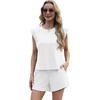 image:imageGRECERELLE 2026 Womens Summer 2 Piece Outfits Round Neck Cap Sleeve Top with Pocket Short SetsWhite