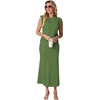 image:imageGRECERELLE Women Summer 2 Piece Sets Round Neck WrinkleFree Top amp Elastic Waist Midi Fishtail Skirt with PocketsXS3XLDill Green