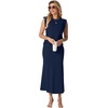 image:imageGRECERELLE Women Summer 2 Piece Sets Round Neck WrinkleFree Top amp Elastic Waist Midi Fishtail Skirt with PocketsXS3XLNavy Blue