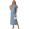 image:imageGRECERELLE Women Summer Casual WrinkleFree 2 Piece Sets Round Neck Top amp Elastic Waist Maxi Side Slit Skirt with PocketsDenim Blue