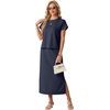 image:imageGRECERELLE Women Summer Casual WrinkleFree 2 Piece Sets Round Neck Top amp Elastic Waist Maxi Side Slit Skirt with PocketsNavy Blue