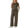 image:imageGRECERELLE Womens Summer 2 Piece Outfits Wide Leg Pants Lounge SetArmy Green