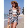 image:imageGRECERELLE Womens Summer Lightweight 34 Sleeve Cardigan Open Front Casual Loose Kimono Cover Ups with PocketsDark Blue Palm Leaf