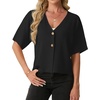 image:imageGRECERELLE Womens Summer Lightweight Short Sleeve Cardigans Open Front V Neck Casual Knit Button Down SweaterBlack