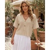 image:imageGRECERELLE Womens Summer Lightweight Short Sleeve Cardigans Open Front V Neck Casual Knit Button Down SweaterOatmeal