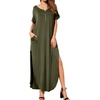 image:imageGRECERELLE Womens Summer Maxi Dress Casual Loose V Neck Short Sleeve Side Split Long Dresses with Functional PocketsArmy Green