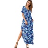 image:imageGRECERELLE Womens Summer Maxi Dress Casual Loose V Neck Short Sleeve Side Split Long Dresses with Functional PocketsBlue Ink White