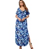 image:imageGRECERELLE Womens Summer Maxi Dress Casual Loose V Neck Short Sleeve Side Split Long Dresses with Functional PocketsBlue Ink White