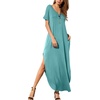 image:imageGRECERELLE Womens Summer Maxi Dress Casual Loose V Neck Short Sleeve Side Split Long Dresses with Functional PocketsCyan