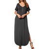 image:imageGRECERELLE Womens Summer Maxi Dress Casual Loose V Neck Short Sleeve Side Split Long Dresses with Functional PocketsDark Gray