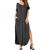 image:imageGRECERELLE Womens Summer Maxi Dress Casual Loose V Neck Short Sleeve Side Split Long Dresses with Functional PocketsDark Gray