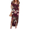 image:imageGRECERELLE Womens Summer Maxi Dress Casual Loose V Neck Short Sleeve Side Split Long Dresses with Functional PocketsFp Wine Red