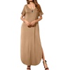 image:imageGRECERELLE Womens Summer Maxi Dress Casual Loose V Neck Short Sleeve Side Split Long Dresses with Functional PocketsKhaki
